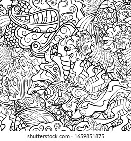 Tracery seamless pattern. Mehndi design. Ethnic monochrome binary doodle texture. Curved doodling black and white background. Vector