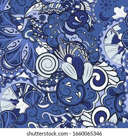 Tracery seamless pattern. Mehndi design. Ethnic colorful doodle texture. Curved doodling background. Vector