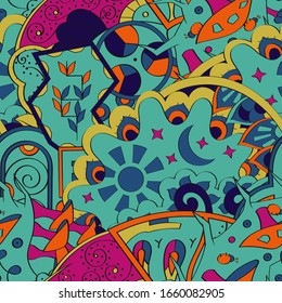 Tracery seamless pattern. Mehndi design. Ethnic colorful doodle texture. Curved doodling background. Vector
