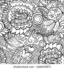 Tracery seamless pattern. Mehndi design. Ethnic monochrome binary doodle texture. Curved doodling black and white background. Vector