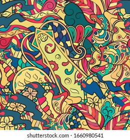 Tracery seamless pattern. Mehndi design. Ethnic colorful doodle texture. Curved doodling background. Vector