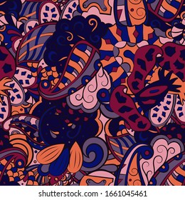 Tracery seamless pattern. Mehndi design. Ethnic colorful doodle texture. Curved doodling background. Vector