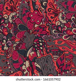 Tracery seamless pattern. Mehndi design. Ethnic colorful doodle texture. Curved doodling background. Vector
