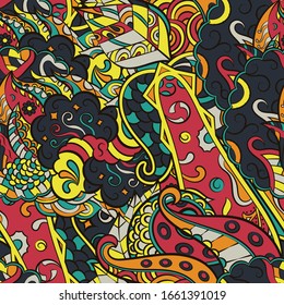 Tracery seamless pattern. Mehndi design. Ethnic colorful doodle texture. Curved doodling background. Vector