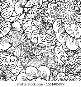 Tracery seamless pattern. Mehndi design. Ethnic monochrome binary doodle texture. Curved doodling black and white background. Vector