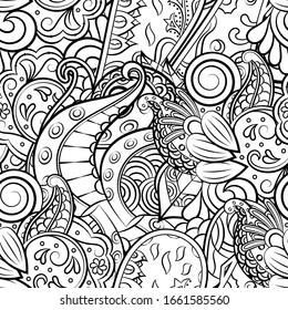 Tracery seamless pattern. Mehndi design. Ethnic monochrome binary doodle texture. Curved doodling black and white background. Vector