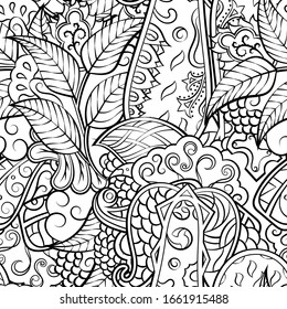 Tracery seamless pattern. Mehndi design. Ethnic monochrome binary doodle texture. Curved doodling black and white background. Vector