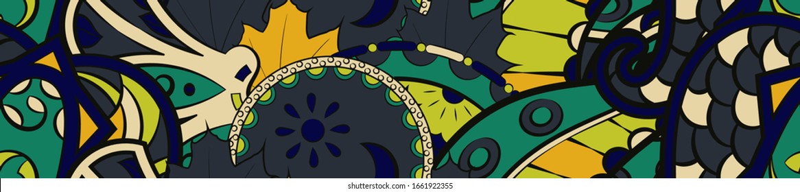 Tracery seamless pattern. Mehndi design. Ethnic colorful doodle texture. Curved doodling background. Vector