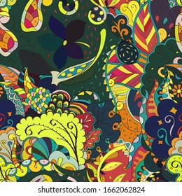 Tracery seamless pattern. Mehndi design. Ethnic colorful doodle texture. Curved doodling background. Vector