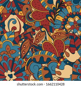 Tracery seamless pattern. Mehndi design. Ethnic colorful doodle texture. Curved doodling background. Vector