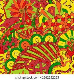 Tracery seamless pattern. Mehndi design. Ethnic colorful doodle texture. Curved doodling background. Vector