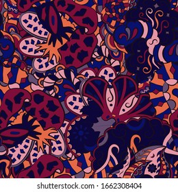 Tracery seamless pattern. Mehndi design. Ethnic colorful doodle texture. Curved doodling background. Vector