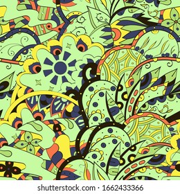 Tracery seamless pattern. Mehndi design. Ethnic colorful doodle texture. Curved doodling background. Vector