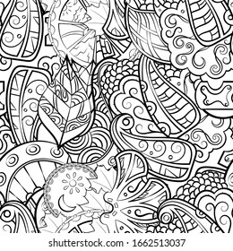 Tracery seamless pattern. Mehndi design. Ethnic monochrome binary doodle texture. Curved doodling black and white background. Vector