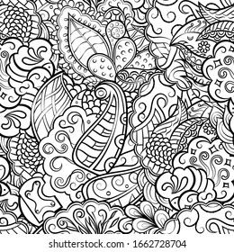 Tracery seamless pattern. Mehndi design. Ethnic monochrome binary doodle texture. Curved doodling black and white background. Vector