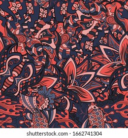 Tracery seamless pattern. Mehndi design. Ethnic colorful doodle texture. Curved doodling background. Vector