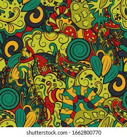 Tracery seamless pattern. Mehndi design. Ethnic colorful doodle texture. Curved doodling background. Vector