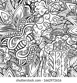 Tracery seamless pattern. Mehndi design. Ethnic monochrome binary doodle texture. Curved doodling black and white background. Vector