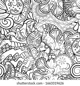 Tracery seamless pattern. Mehndi design. Ethnic monochrome binary doodle texture. Curved doodling black and white background. Vector
