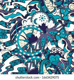 Tracery seamless pattern. Mehndi design. Ethnic colorful doodle texture. Curved doodling background. Vector