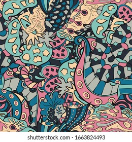 Tracery seamless pattern. Mehndi design. Ethnic colorful doodle texture. Curved doodling background. Vector