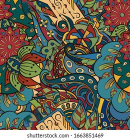 Tracery seamless pattern. Mehndi design. Ethnic colorful doodle texture. Curved doodling background. Vector