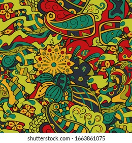 Tracery seamless pattern. Mehndi design. Ethnic colorful doodle texture. Curved doodling background. Vector