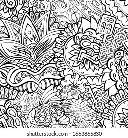 Tracery seamless pattern. Mehndi design. Ethnic monochrome binary doodle texture. Curved doodling black and white background. Vector