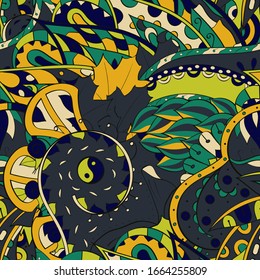Tracery seamless pattern. Mehndi design. Ethnic colorful doodle texture. Curved doodling background. Vector