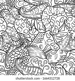 Tracery seamless pattern. Mehndi design. Ethnic monochrome binary doodle texture. Curved doodling black and white background. Vector