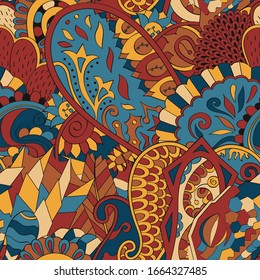 Tracery seamless pattern. Mehndi design. Ethnic colorful doodle texture. Curved doodling background. Vector