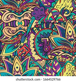 Tracery seamless pattern. Mehndi design. Ethnic colorful doodle texture. Curved doodling background. Vector