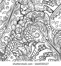 Tracery seamless pattern. Mehndi design. Ethnic monochrome binary doodle texture. Curved doodling black and white background. Vector