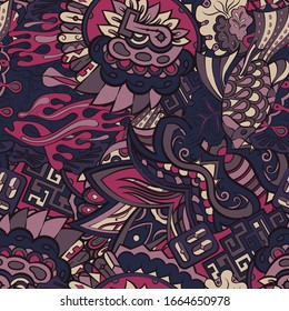 Tracery seamless pattern. Mehndi design. Ethnic colorful doodle texture. Curved doodling background. Vector