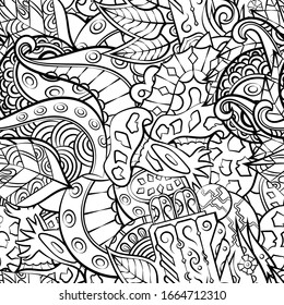 Tracery seamless pattern. Mehndi design. Ethnic monochrome binary doodle texture. Curved doodling black and white background. Vector
