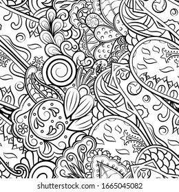 Tracery seamless pattern. Mehndi design. Ethnic monochrome binary doodle texture. Curved doodling black and white background. Vector
