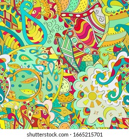 Tracery seamless pattern. Mehndi design. Ethnic colorful doodle texture. Curved doodling background. Vector