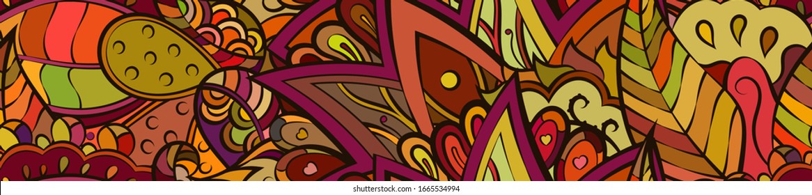 Tracery seamless pattern. Mehndi design. Ethnic colorful doodle texture. Curved doodling background. Vector