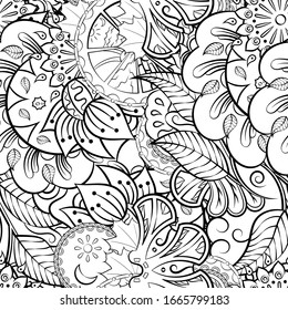 Tracery seamless pattern. Mehndi design. Ethnic monochrome binary doodle texture. Curved doodling black and white background. Vector