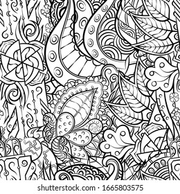 Tracery seamless pattern. Mehndi design. Ethnic monochrome binary doodle texture. Curved doodling black and white background. Vector