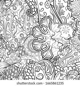 Tracery seamless pattern. Mehndi design. Ethnic monochrome binary doodle texture. Curved doodling black and white background. Vector