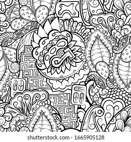 Tracery seamless pattern. Mehndi design. Ethnic monochrome binary doodle texture. Curved doodling black and white background. Vector