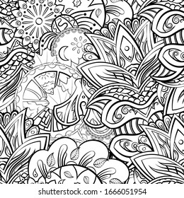 Tracery seamless pattern. Mehndi design. Ethnic monochrome binary doodle texture. Curved doodling black and white background. Vector