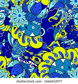 Tracery seamless pattern. Mehndi design. Ethnic colorful doodle texture. Curved doodling background. Vector