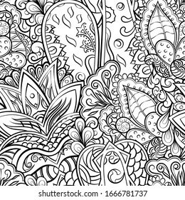 Tracery seamless pattern. Mehndi design. Ethnic monochrome binary doodle texture. Curved doodling black and white background. Vector