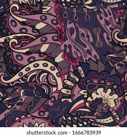 Tracery seamless pattern. Mehndi design. Ethnic colorful doodle texture. Curved doodling background. Vector