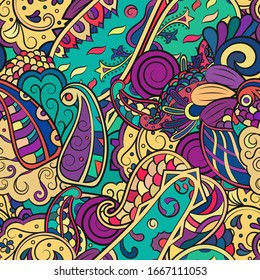 Tracery seamless pattern. Mehndi design. Ethnic colorful doodle texture. Curved doodling background. Vector