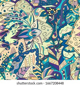 Tracery seamless pattern. Mehndi design. Ethnic colorful doodle texture. Curved doodling background. Vector