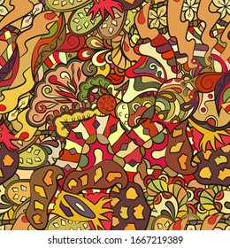 Tracery seamless pattern. Mehndi design. Ethnic colorful doodle texture. Curved doodling background. Vector