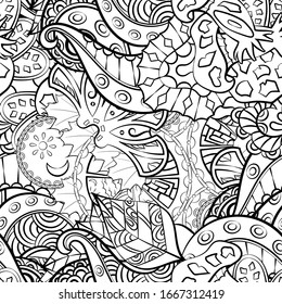 Tracery seamless pattern. Mehndi design. Ethnic monochrome binary doodle texture. Curved doodling black and white background. Vector